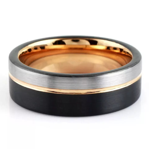 Men 8mm Tungsten Black Silver WRose Gold Grooved Line Comfort-Fit Wedding Band